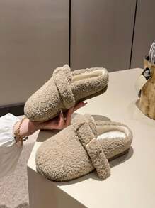 女士保暖内衬半拖鞋，编织扣设计，舒适柔软的鞋底，适合户外穿着 - 卡其色 - 查看 2