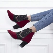 New Fashion Lace Mesh Short Boots - Burgundy - View 6