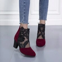 New Fashion Lace Mesh Short Boots - Burgundy - View 5