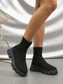 Botas Hasta El Tobillo De Punto Sólido Para Mujer De Otoño E Invierno Con Punta Redonda De Punto Negro, Botas De Tobillo De Punto Resistente En Color Sólido - Negro - Ver 3