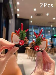 1 pereche de agrafe de păr roșu cu con de pin de Crăciun și corn de cerb, caciulă pentru petrecerea de vacanță de Crăciun, accesorii de păr cu coarne de ren drăguțe