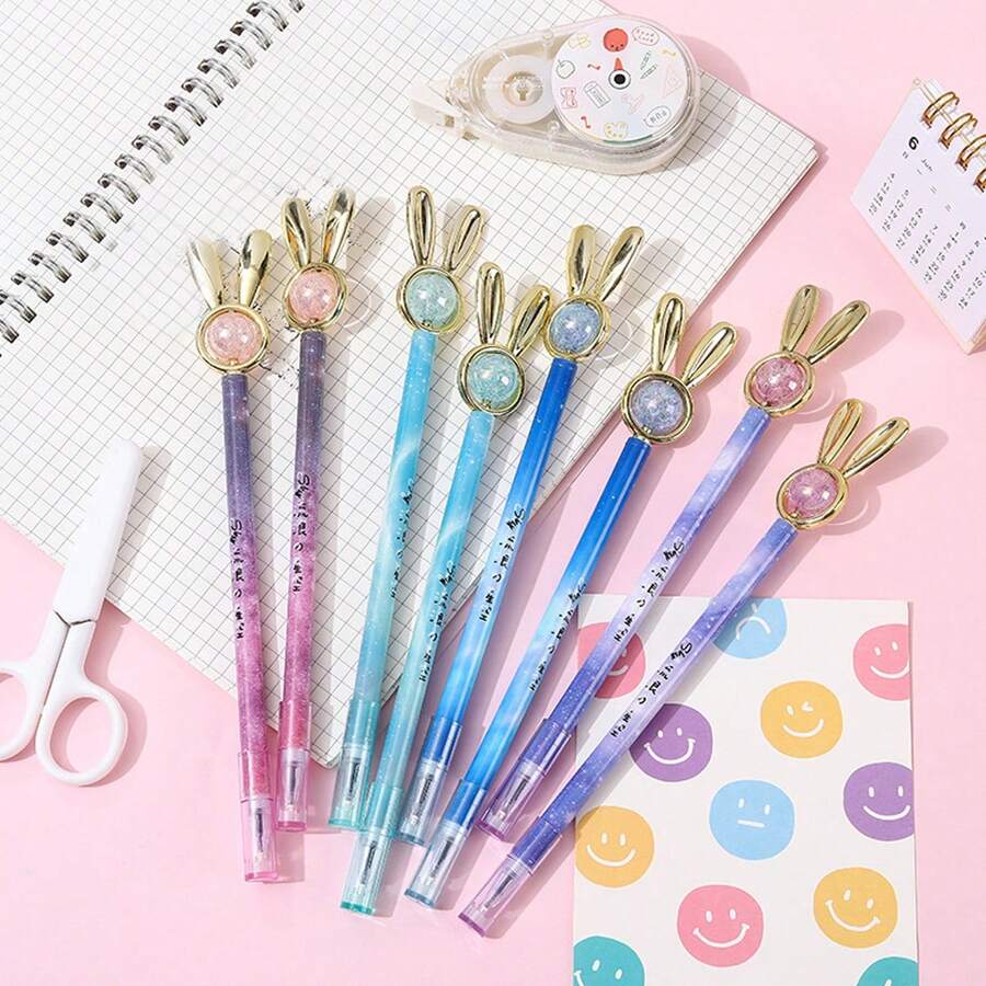 3入組隨機顏色可愛水晶兔形筆,金色鍍帽創意文具,學生和辦公室必備的中性筆 - 黑色 - 查看 1