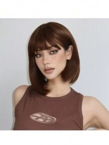 Chestnut Brown Shoulder Length Short Bob Synthetic Wig - Maroon - View 3