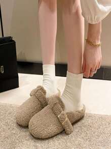 女士保暖内衬半拖鞋，编织扣设计，舒适柔软的鞋底，适合户外穿着 - 卡其色 - 查看 1