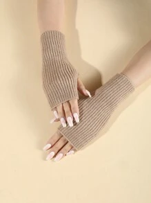 1對女士厚款保暖針織手套手指無覆蓋手套,手腕暖器,秋冬戶外活動優雅配件 - 卡其色 - 查看 7