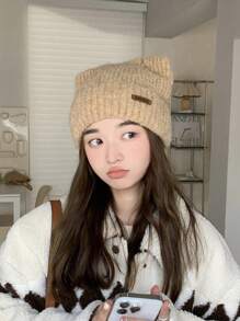 1頂女式針織帽,配有皮革標籤和耳朵細節,粉色休閒毛絨帽,適用於冬季日常使用,可愛 - 粉色 - 查看 10