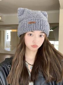 1頂女式針織帽,配有皮革標籤和耳朵細節,粉色休閒毛絨帽,適用於冬季日常使用,可愛 - 粉色 - 查看 8