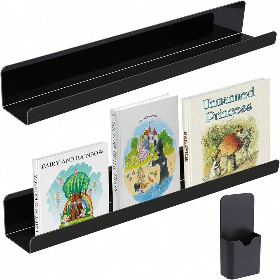 2 Pcs Black Magnetic Book Shelf For Whiteboard, Reusable Acrylic Magnetic Book Holder With A Pen Container, Book Display Shelf , Suitable For Teacher Classroom Office Refrigerator - Black - View 1