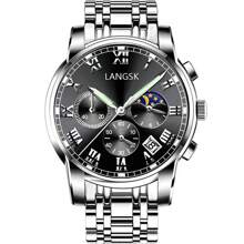 Langsk 42mm不銹鋼手錶帶休閒日曆圓錶盤石英手錶 - 黑色 - 查看 1