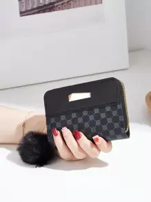 几何图案女士短款钱包 带绒球装饰 拉链零钱包 便携现金 白领阶层 女大学生 工作 商务通勤 办公室 周年纪念 情侣 生日礼物 情人节礼物 女士钱包 钱包 小钱包