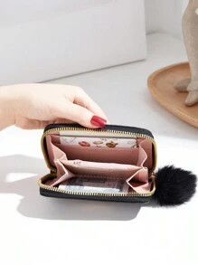 几何图案女士短款钱包 带绒球装饰 拉链零钱包 便携现金 白领阶层 女大学生 工作 商务通勤 办公室 周年纪念 情侣 生日礼物 情人节礼物 女士钱包 钱包 小钱包