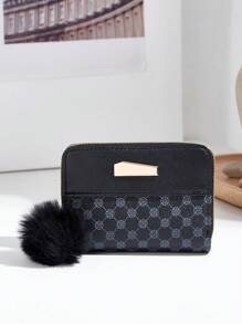 几何图案女士短款钱包 带绒球装饰 拉链零钱包 便携现金 白领阶层 女大学生 工作 商务通勤 办公室 周年纪念 情侣 生日礼物 情人节礼物 女士钱包 钱包 小钱包