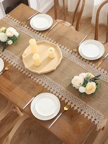 Miater 1pc Burlap Lace Trimmed Table Runner For Festival & Wedding Decoration - Khaki - View 6