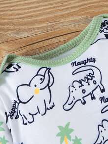 男嬰秋冬動物印花連體衣、褲子和帽子 3 件套 - 綠色 - 查看 3