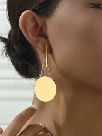 1pair New Style Large Round Disc Dangle Earrings, & Stylish, Exaggerated European & American Long Tassel Ear Accessories, For Women