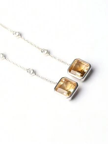 1雙女性黃色的立方體&流蘇裝飾自然黃色的水晶S925純銀吊墜奢華耳朵穿線器,耳朵鏈條,耳環