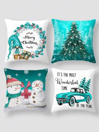 4 Unids/set Fundas De Almohada Con Diseño De Coche Azul, Muñeco De Nieve, Pino Y Corona