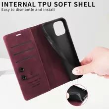 1 pieza Funda de cartera de estilo empresarial roja con ranuras para tarjetas y función de ventosa, cubierta protectora antideslizante compatible con iPhone, , y modelos Redmi - Burdeos - Ver 7