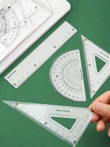 4pcs/set 15cm Clear Plastic Ruler, Protractor, Triangle And Wave Shaped Ruler For Exam, Math Learning For Primary And Secondary Students - Green - View 4