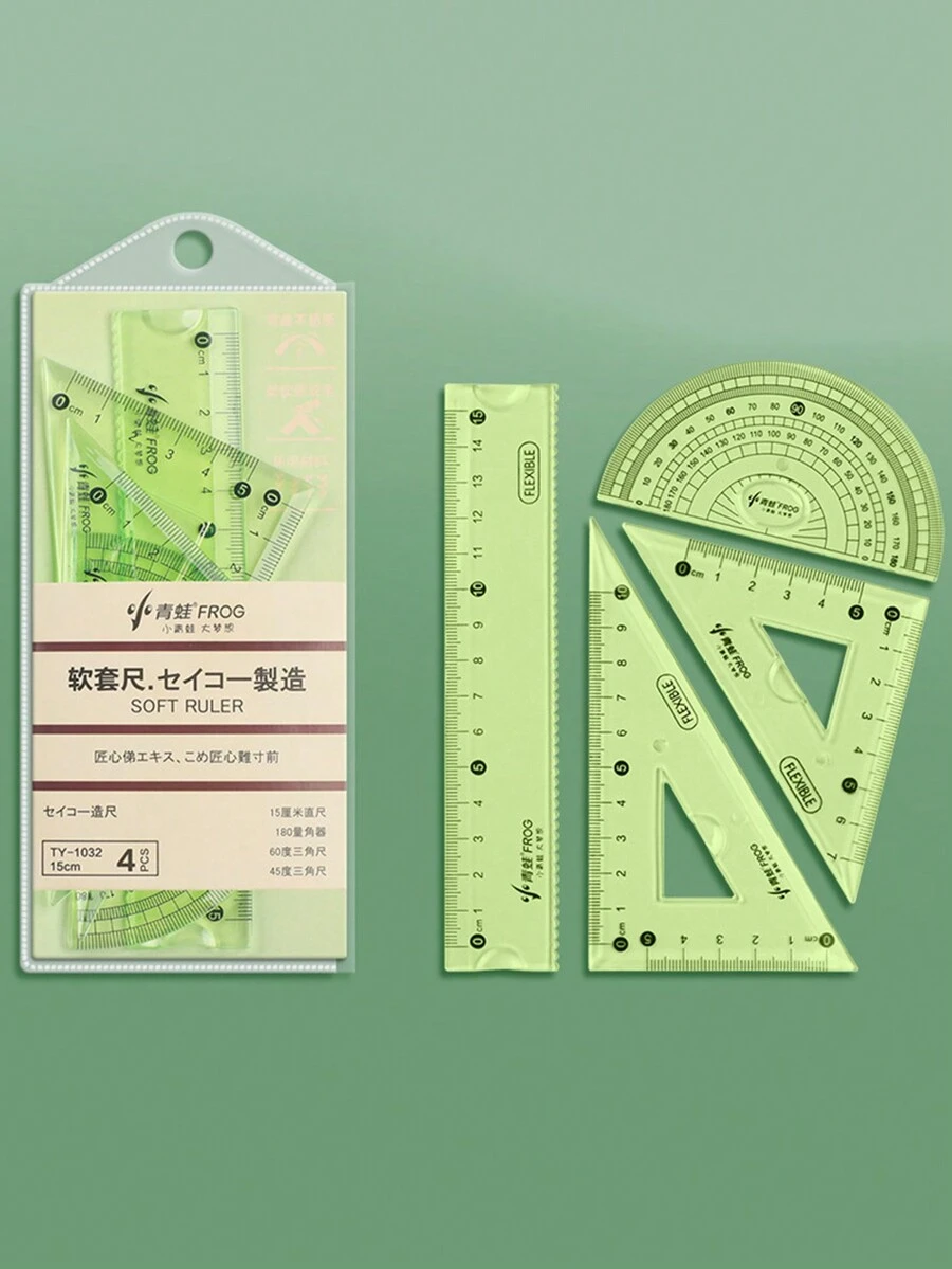 4pcs/set 15cm Clear Plastic Ruler, Protractor, Triangle And Wave Shaped Ruler For Exam, Math Learning For Primary And Secondary Students - Green - View 1