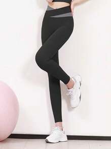 1pc Women's Colorblock Yoga Training Running Fitness Leggings Sports Tight Pants - Black - View 1