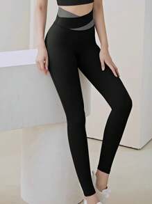 1pc Women's Colorblock Yoga Training Running Fitness Leggings Sports Tight Pants - Black - View 2