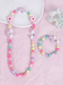 2入組寶貝/幼兒/小女孩歐美風格復古可愛公主主題手鐲/項鍊套裝,具有馬卡龍顏色,木質,美人魚,彩虹,蝴蝶,獨角獸,小羊,羊駝,心形吊飾,附上網兜收納袋,適合日常穿著,穿搭遊戲,旅遊和攝影 - 彩色 - 查看 2