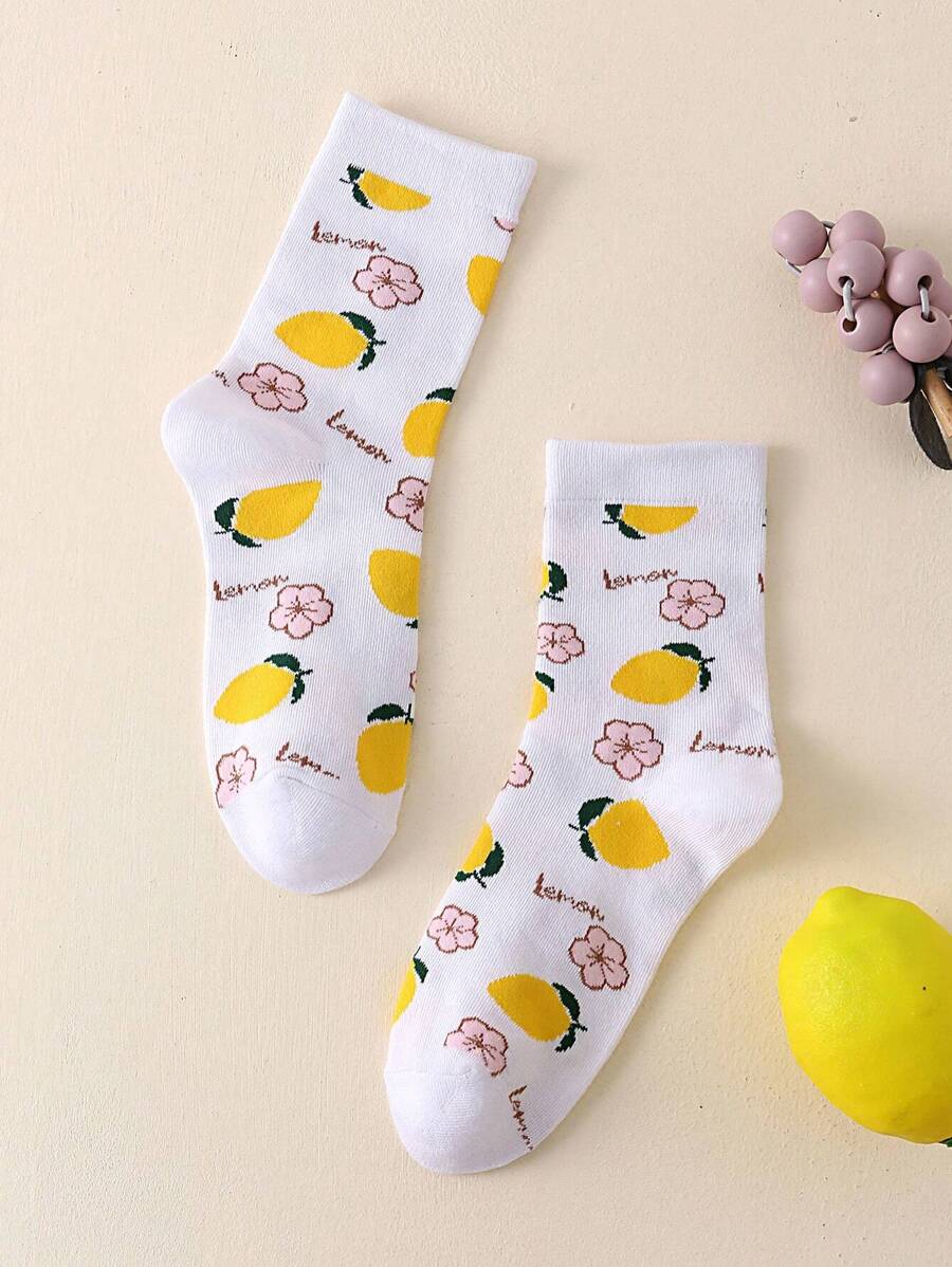 1 đôi tất nữ thoải mái, kiểu dáng thường ngày, họa tiết hoa chanh dễ thương, dài đến bắp chân. - Nhiều màu - Xem 1