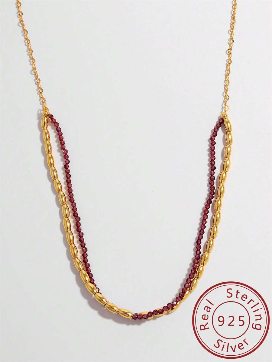 1 件豪華 925 純銀毛衣鏈,天然石榴石和閃閃發光的銀色迷你寶石珠金色長項鍊,長度可調節,多種佩戴方式,適合女士日常佩戴和品質珠寶