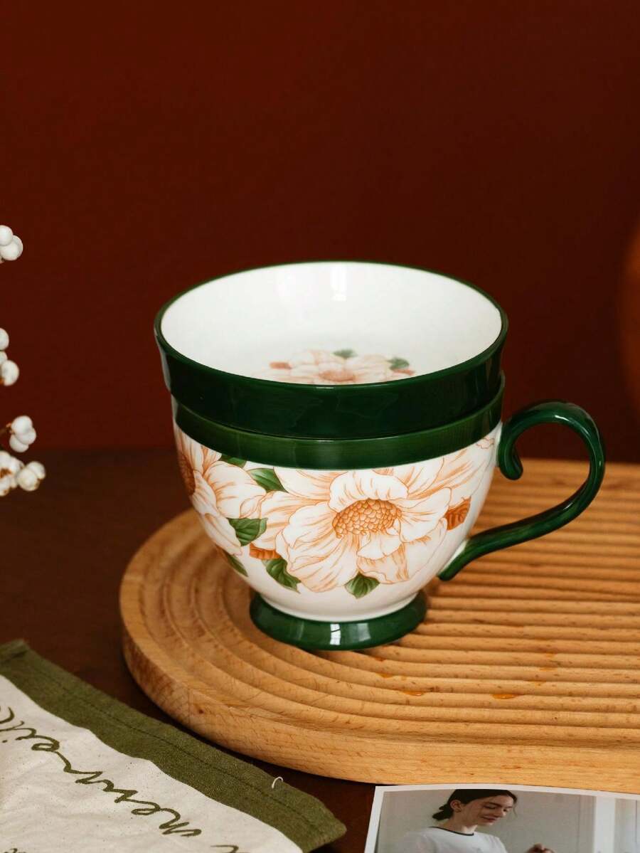 一個500毫升綠色山茶花早餐杯,山茶花早餐杯,帶蓋、湯匙、咖啡杯、高質感水杯、家用燕麥杯禮物的大容量陶瓷杯 - 綠色 - 查看 1