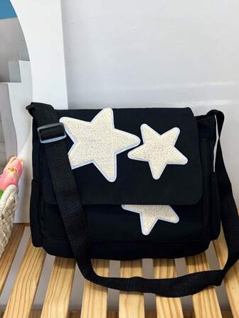 1 Pieza Bolsa De Hombro Cruzada De Nylon Impresa Con Estrellas Para Adolescentes Con Cubierta De Solapa Y Bolsa De Gran Capacidad