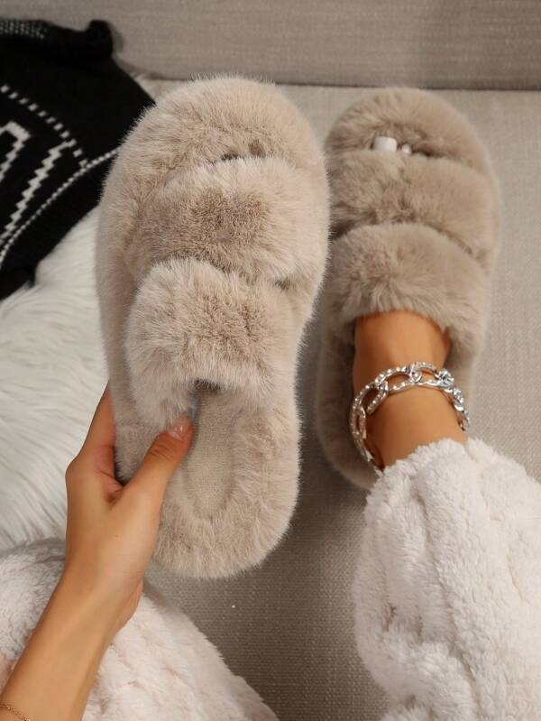 2pcs Women Thick Sole Comfortable Solid Color Thermal Lined House Slippers, Khaki, Black, Pink, White