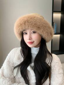 羽绒面料女士针织帽，带兔毛球 - 卡其色 - 查看 2