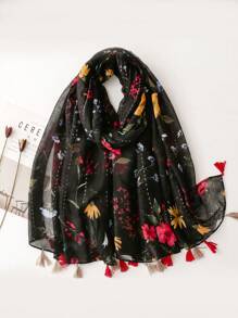 Vintage & Linen Feel Ladies' Scarf, Colorful Flower Print With Tassel, Warm Winter Shawl Elegant - Multicolor - View 12