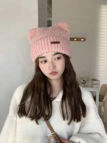 1頂女式針織帽,配有皮革標籤和耳朵細節,粉色休閒毛絨帽,適用於冬季日常使用,可愛 - 粉色 - 查看 6