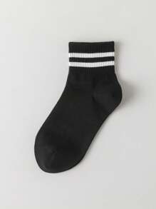8 雙/套男用黑色 2 條紋學院風冬季中筒襪,適合日常穿著 - 黑色 - 查看 1