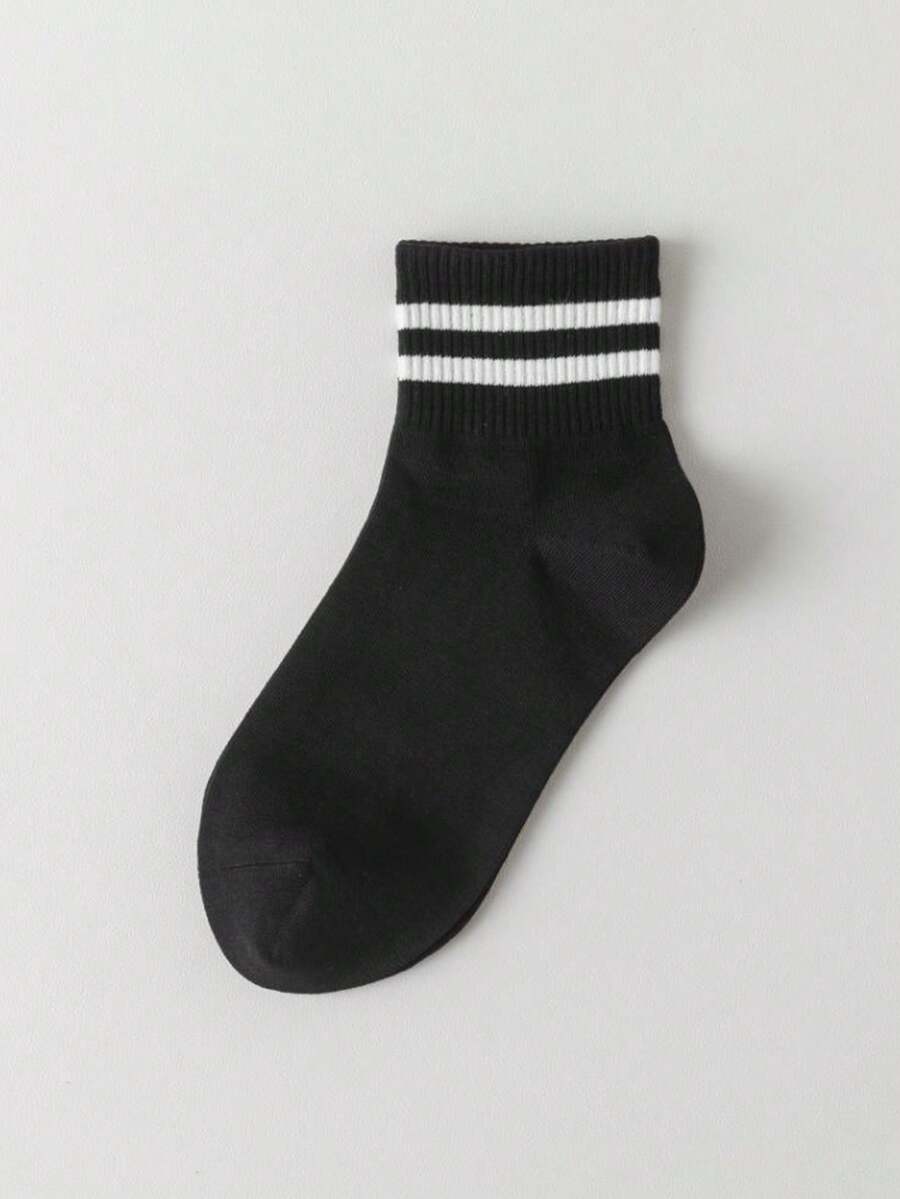 8 雙/套男用黑色 2 條紋學院風冬季中筒襪,適合日常穿著 - 黑色 - 查看 1