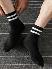 8 雙/套男用黑色 2 條紋學院風冬季中筒襪,適合日常穿著 - 黑色 - 查看 4