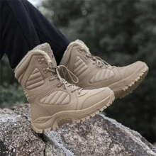 Men's Thickened Slip Resistant Warm Flat High-top Short Boots, Winter Casual Outdoor Pupu Leather Mountain Climbing Boots For Training And Casual Wear - Brown - View 10