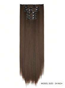 1-Piece 6 Pieces Clip Style Hair Extension With 16 Clips Synthetic 24 Inch Extended Long Straight Hair Extension (Chestnut Brown), Suitable For Women's Daily Use - Brown - View 3