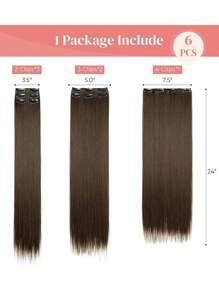1-Piece 6 Pieces Clip Style Hair Extension With 16 Clips Synthetic 24 Inch Extended Long Straight Hair Extension (Chestnut Brown), Suitable For Women's Daily Use - Brown - View 6