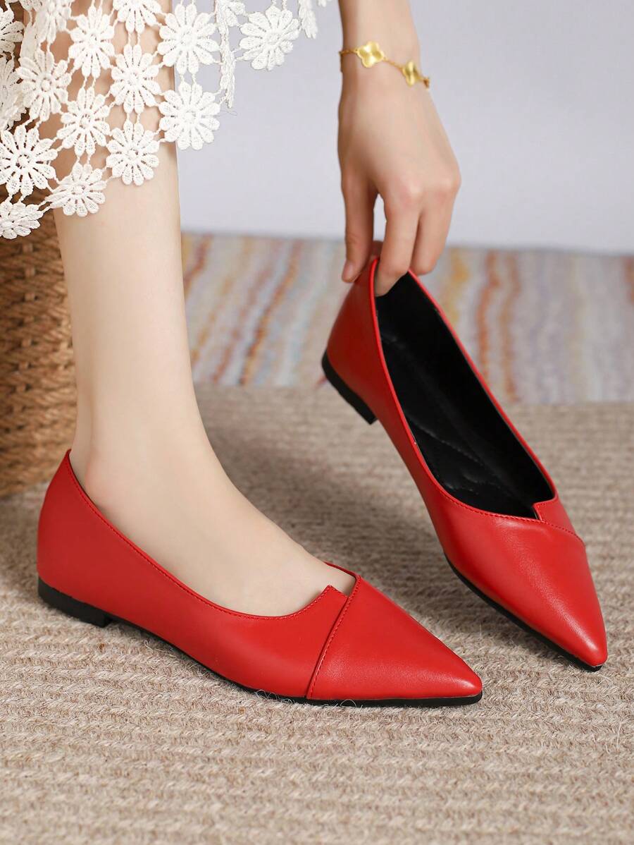 Zapatos planos de corte bajo para mujer con punta suave para otoño, zapatos de PU para la oficina y el trabajo diario - Rojo - Ver 1