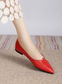 Zapatos planos de corte bajo para mujer con punta suave para otoño, zapatos de PU para la oficina y el trabajo diario - Rojo - Ver 2