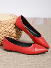 Zapatos planos de corte bajo para mujer con punta suave para otoño, zapatos de PU para la oficina y el trabajo diario - Rojo - Ver 6