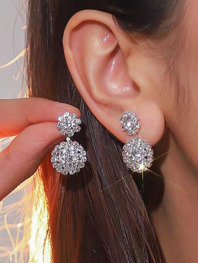 1pair Women's Elegant Silver Plated Hollow-Out Flower Dangle Earrings With Copper Chain, Suitable For Bridal Wedding Wear Casual Halloween