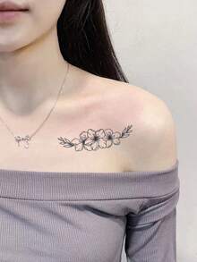 Chicas Mujer 1 pieza Etiqueta engomada del tatuaje temporal floral impermeable , estilo minimalista en azul , pecho / - Negro - Ver 2