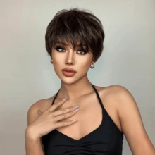 8 Inch Synthetic Wig Women's Pixie Cut Wig Short Straight Hair With Bangs Brown For Women Fashionable Party Role Cosplay - Brown - View 2