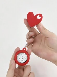 1pc Nurse Watch, Heart Cartoon, Soft Silicone Strap, Doctor Nurse Timer Watch, With Easy-Pull Buckle Function - Red - View 2