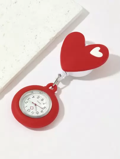 1pc Nurses' Watch With Cartoon Heart Shaped Silicone Case, Easily Buckled Strap, Clear Large Dial, With Timekeeping Function, For Doctors And Nurses In Red Valentines