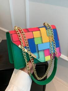 女士迷你时尚链条多用途撞色格纹翻盖斜挎包 - 綠色 - 查看 3